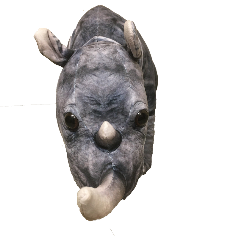 Gray rhino plush stuffed animal close-up face with large ears and round eyes