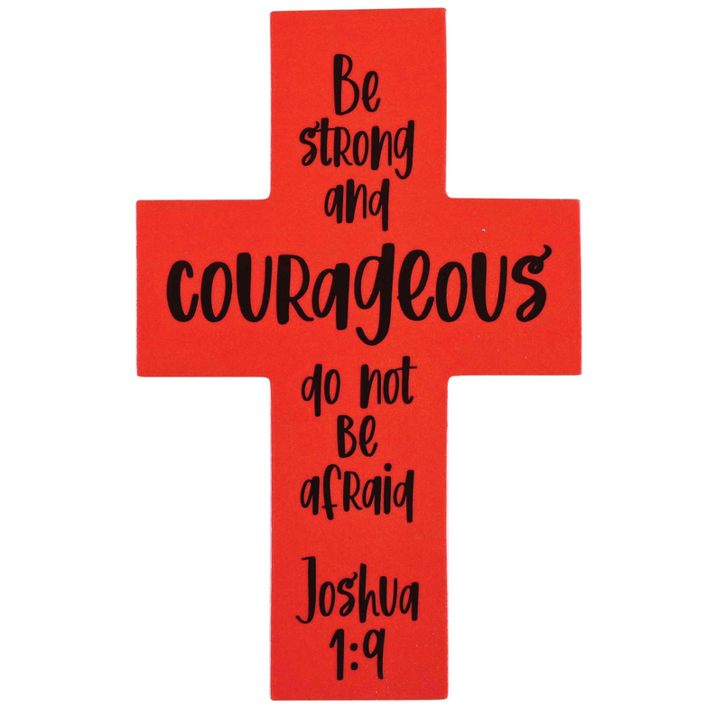 Red pocket cross card with 'Be Strong and Courageous' verse text, Joshua 1:9