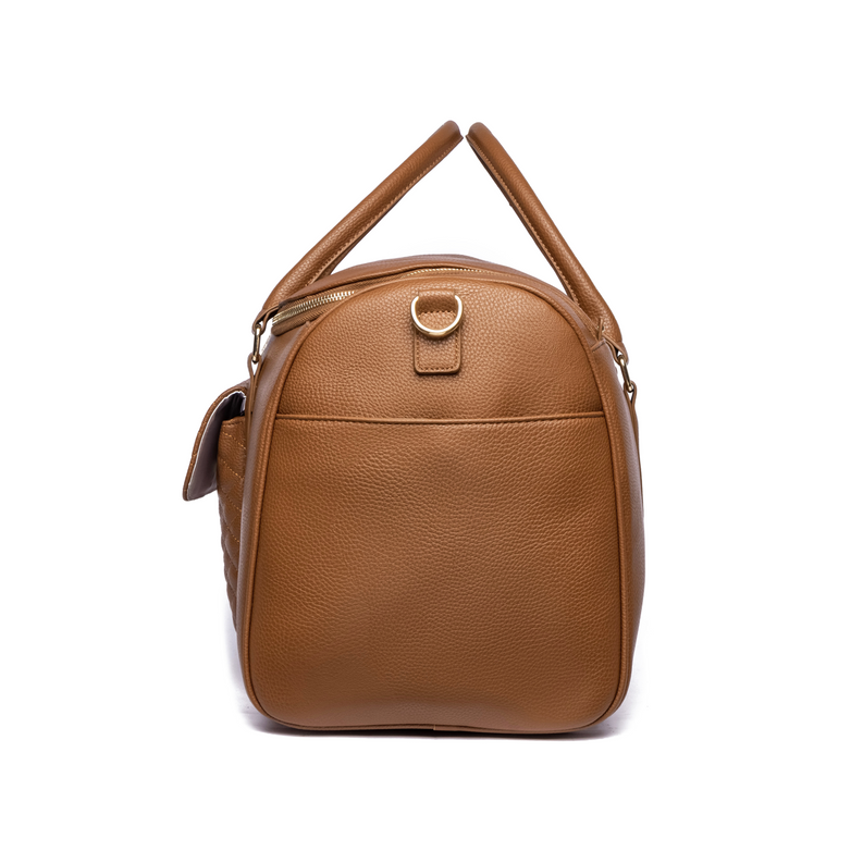 Caramel brown travel bag with top handle and front zip pocket