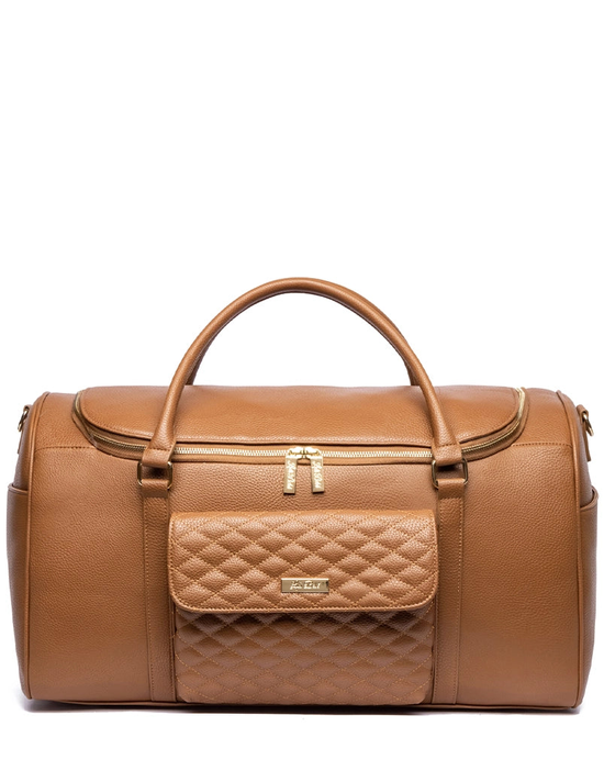 Caramel brown travel bag with quilted front organizer and short strap handles