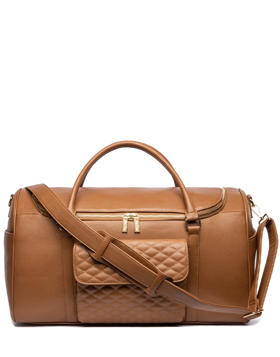 Caramel brown travel bag with adjustable strap and quilted front panel