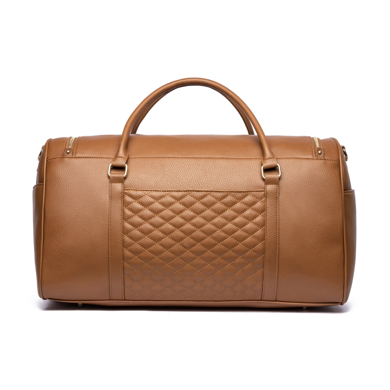 Caramel brown travel bag with quilted center panel and top carry handle