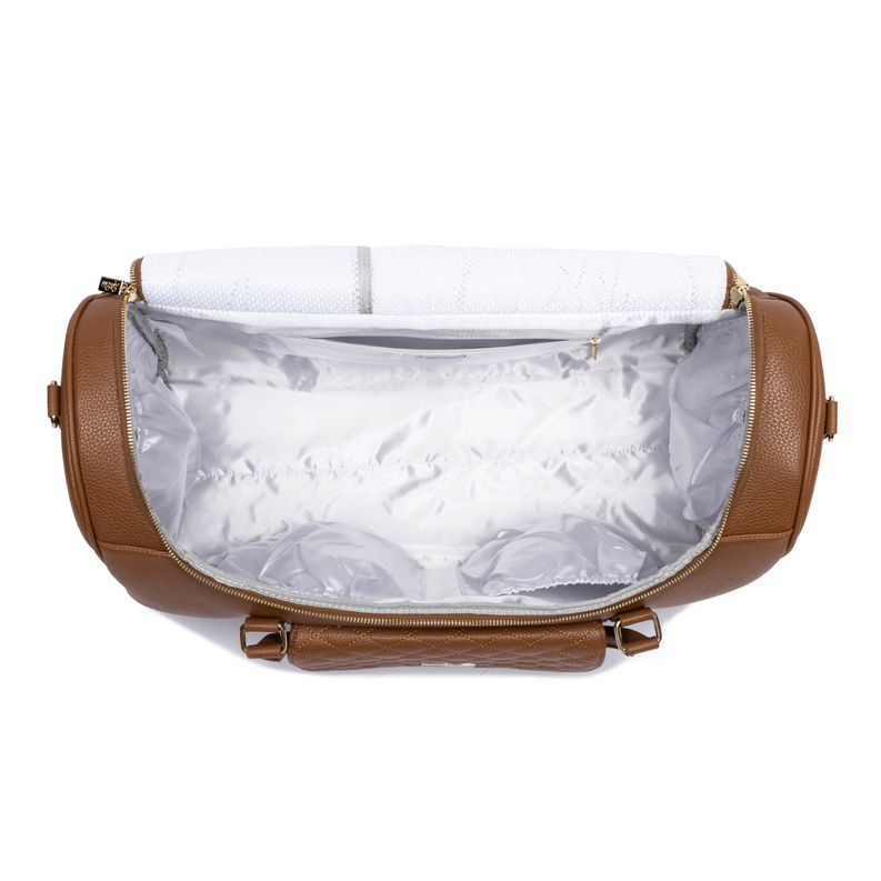 Caramel brown travel bag open top with white interior lining and zipper closure