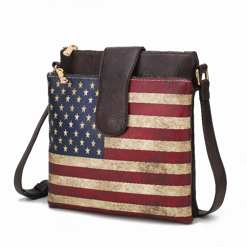 Vegan leather crossbody bag with stars-and-stripes panel and dark brown flap