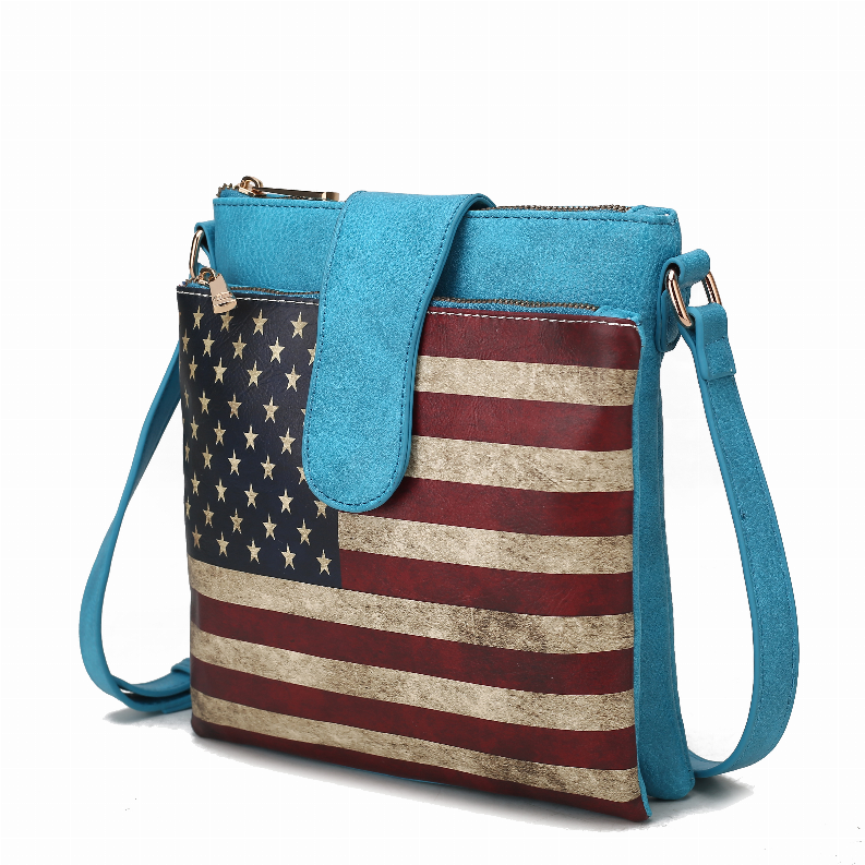 Blue vegan leather crossbody bag with front U.S. flag panel and adjustable strap