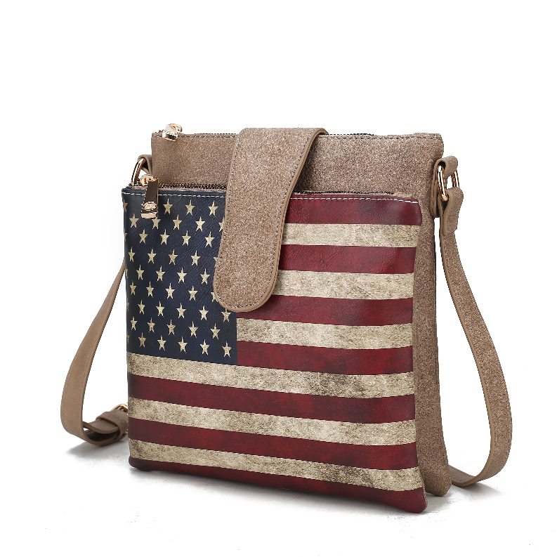 Vegan leather crossbody bag with American flag print, tan flap and adjustable strap