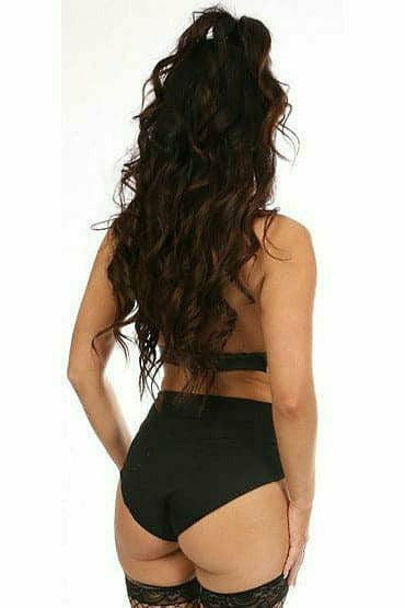 Black lace and vegan leather back body harness with high-cut bottoms, rear view