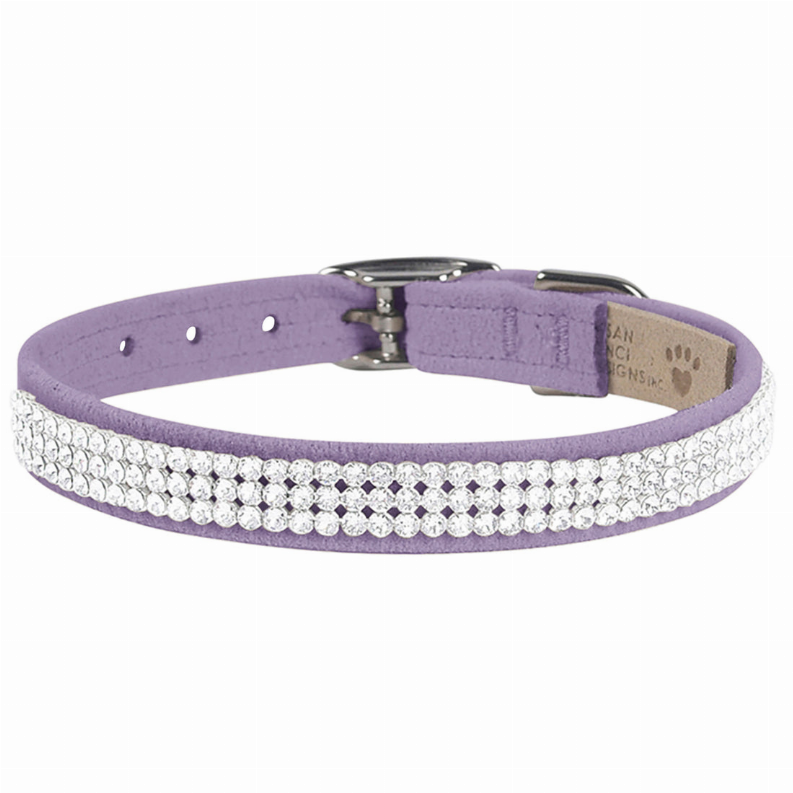 Lavender pet collar with 3-row crystal band and silver buckle hardware