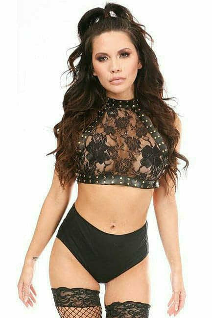 Black lace body harness with studded collar and high-cut black bottom