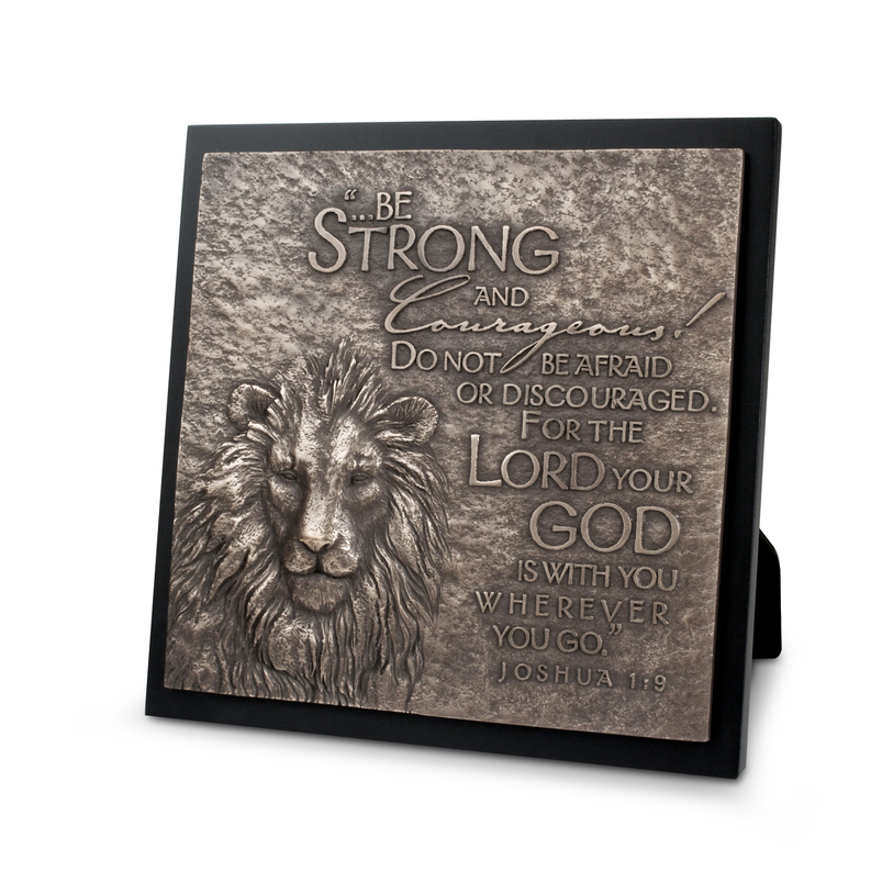 Faith lion sculpture plaque with engraved quote and lion head, gray stone finish