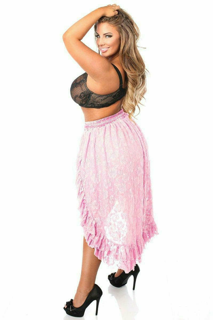 Light pink lace high-low skirt with gathered tiers and fringe hem