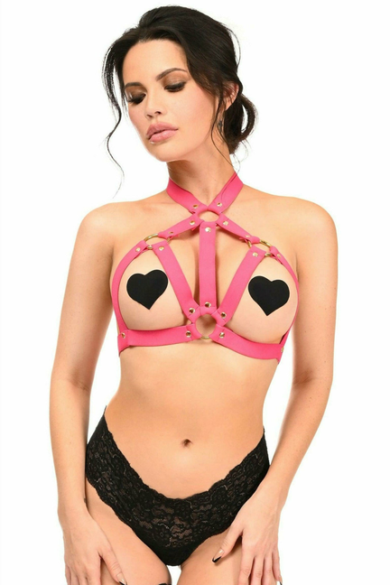 Pink stretchy harness bra with black heart panels and adjustable hardware
