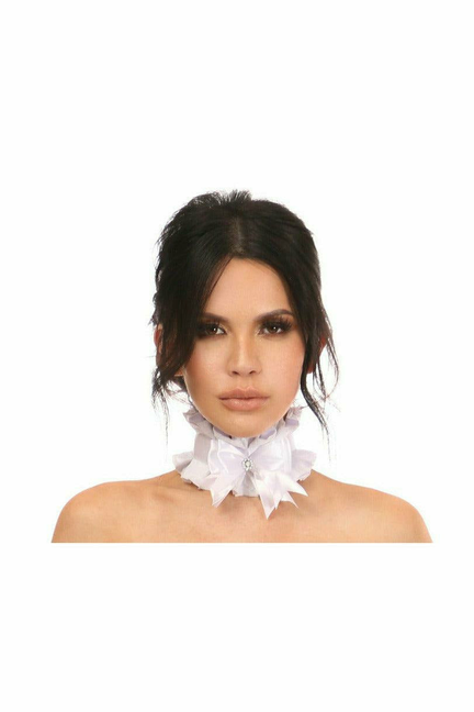 White lace choker with ruffled trim, front view
