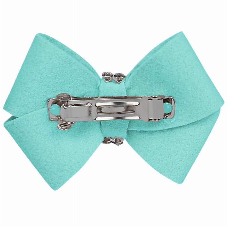 Turquoise fabric bow hair clip with silver buckle and rhinestone accents
