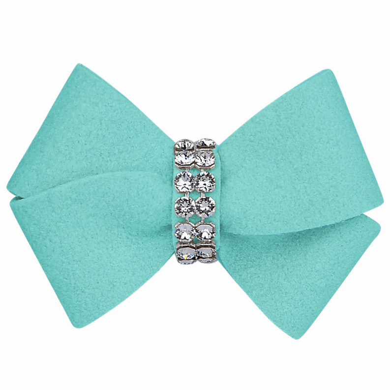 Turquoise fabric bow hair clip with vertical row of round rhinestones