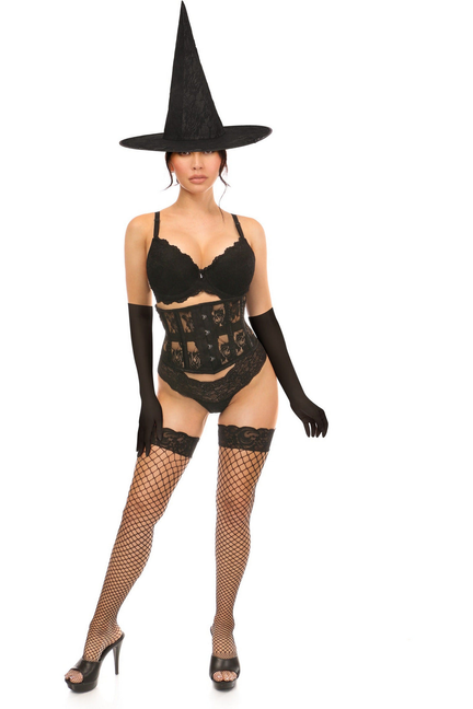 Black witch corset lingerie set with lace bustier, corset belt, fishnet stockings, hat