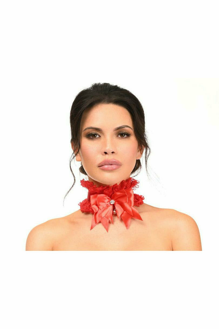 Red lace choker with ruffled bow
