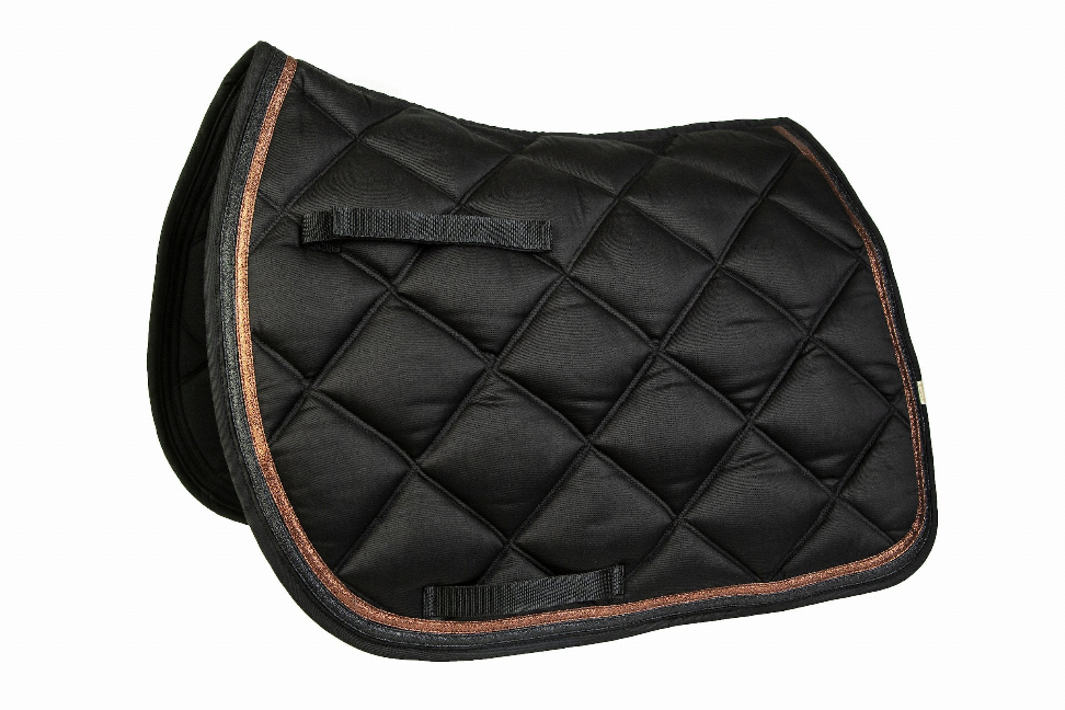 Black quilted saddle pad with rose-gold trim and square stitched pattern