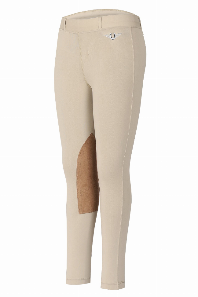 Children's riding tights with belt loops, sea sand color, brown knee patch accents