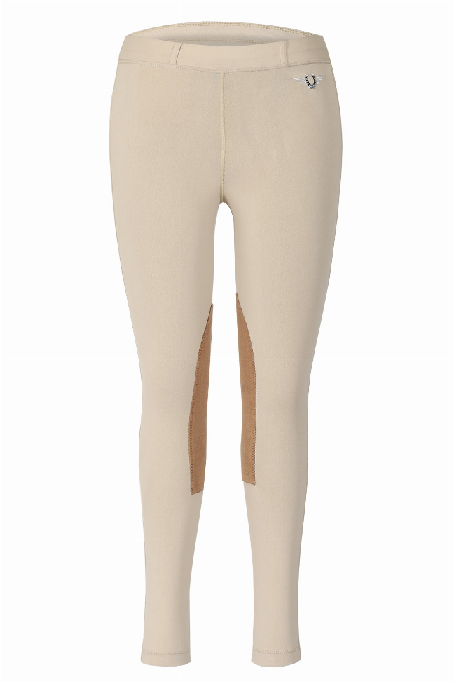 Children's riding tights with belt loops, sea sand color, brown knee patch detailing