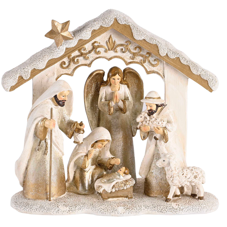 Nativity scene figurine with angel, shepherds, and sheep animals inside a white-and-gold stable