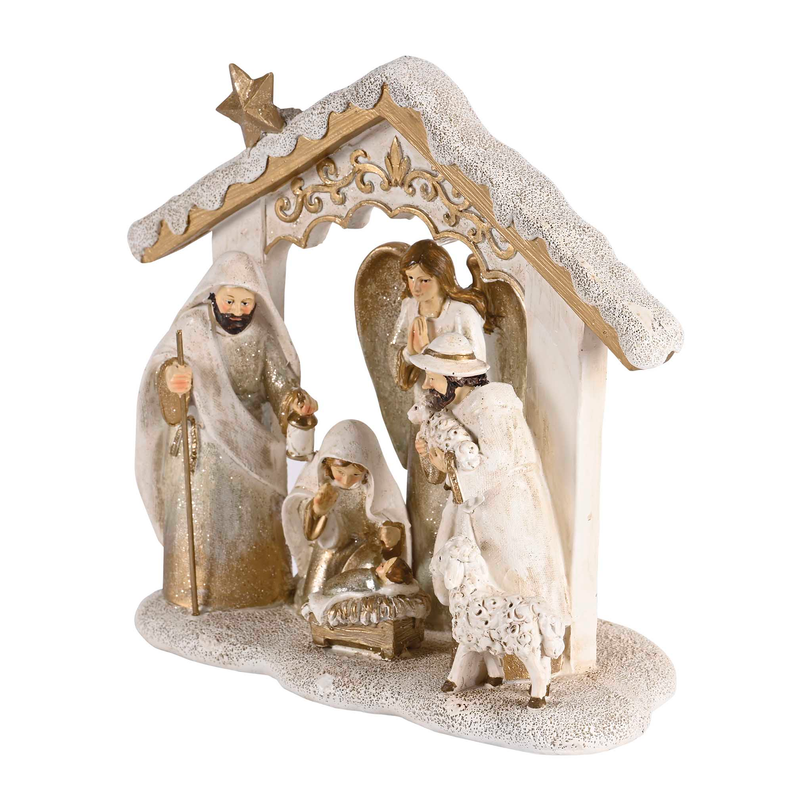 Nativity scene figurine with angel holding a tray, shepherds, and sheep in white-and-gold stable