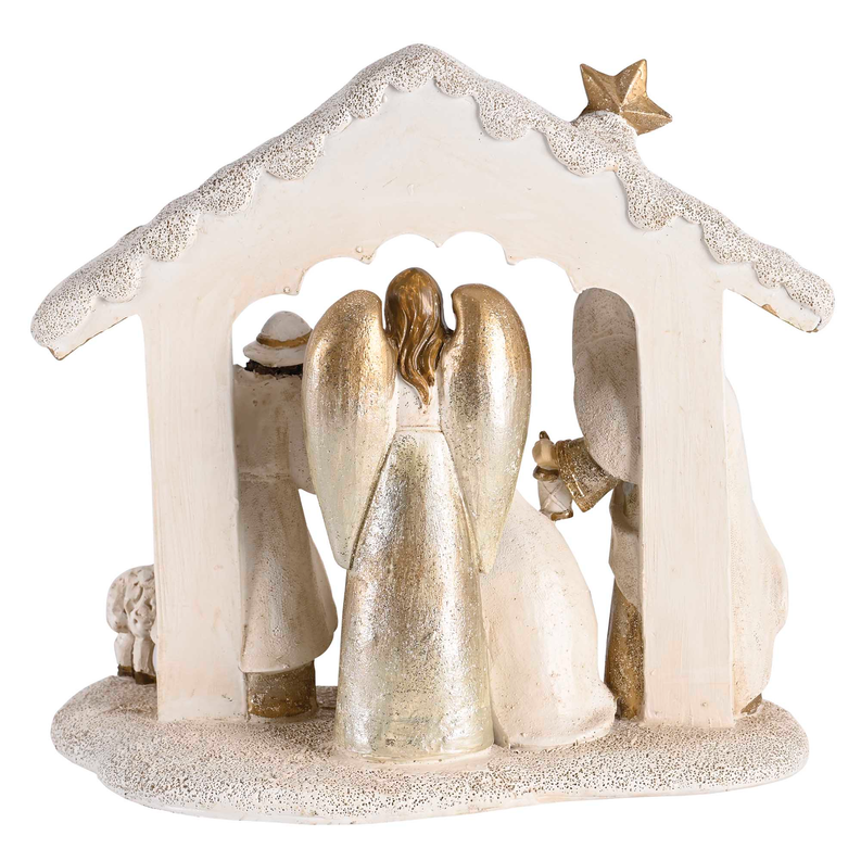 Nativity stable figurine with two gold angel statues and small manger details, white finish