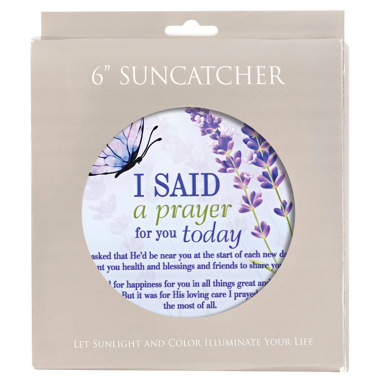 Round suncatcher with purple flowers, butterfly, and prayer message on clear glass