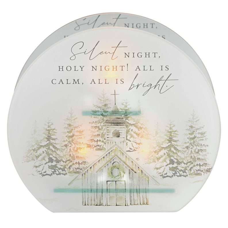 Round church tealight holder with 'Silent Night' printed snowy chapel