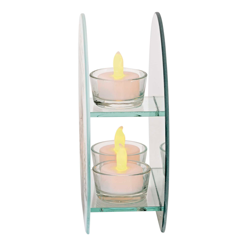 Double tealight holder stand with two lit candles in glass cups