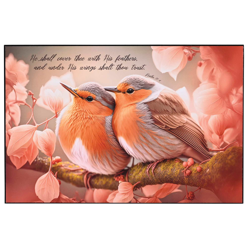 Wall plaque with two birds on a branch, orange and gray tones, pink floral design