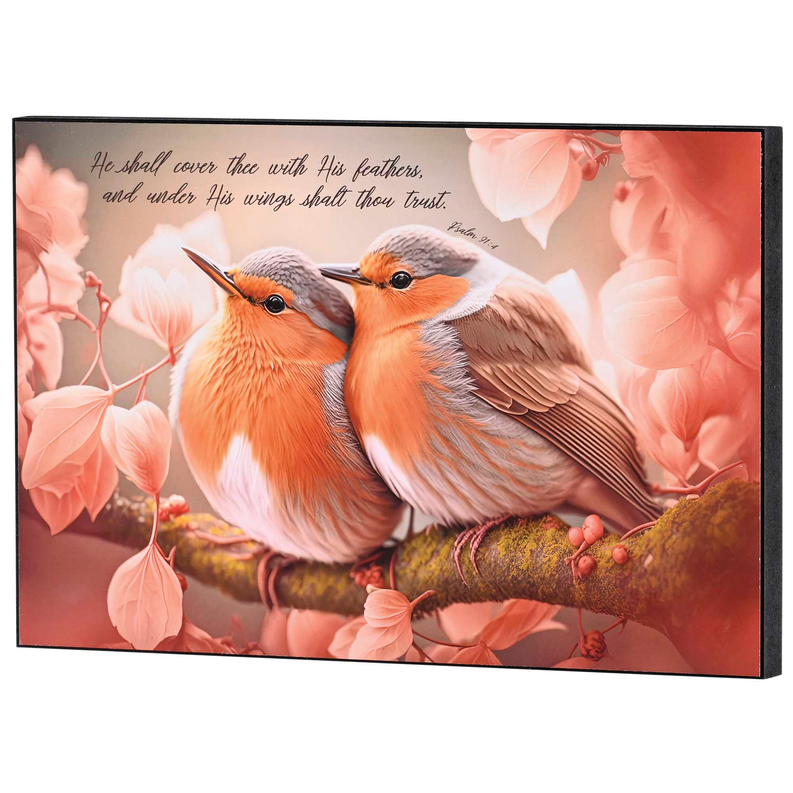 Wall plaque with two birds perched on a branch in orange, gray, and pink floral design