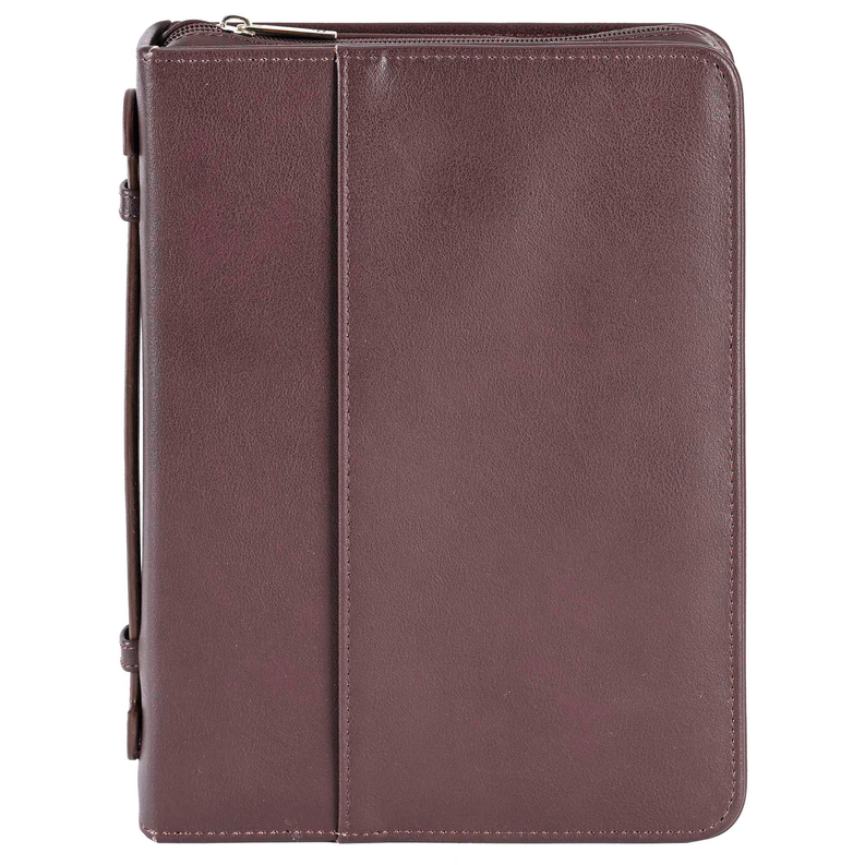 Brown faux-leather book cover with full zipper and stitched edges, XL size.