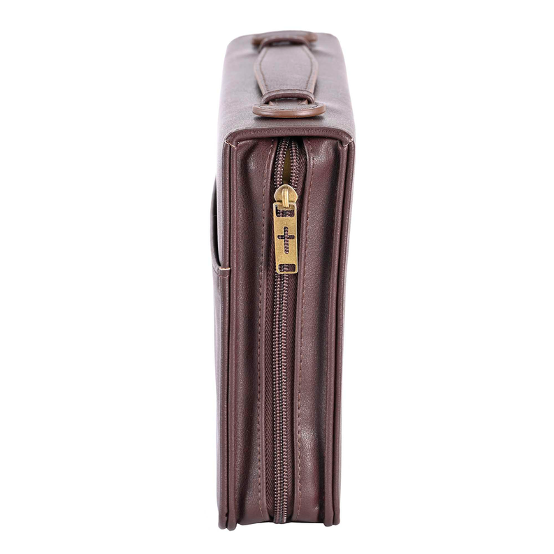 Brown faux-leather cover side view with carry strap and long zip pocket.