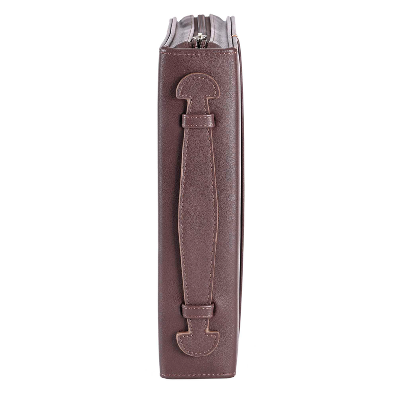 Brown faux-leather cover vertical holder with loop tab and stitched strap.