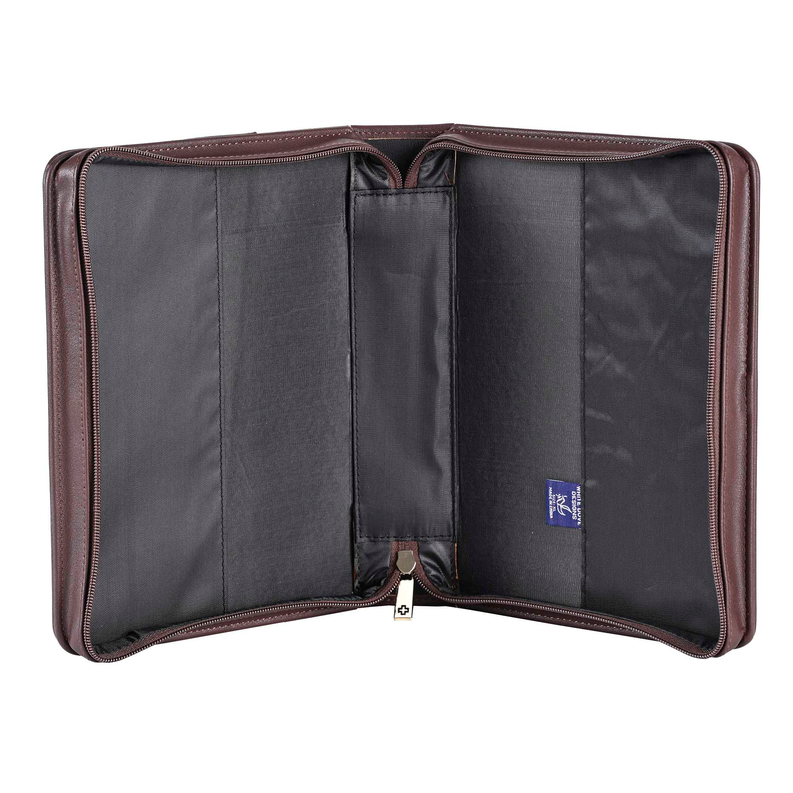 Brown faux-leather cover open with elastic organizer pockets and center zipper.