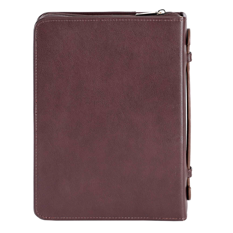 Brown faux-leather cover back view with side strap and stitched border, XL.