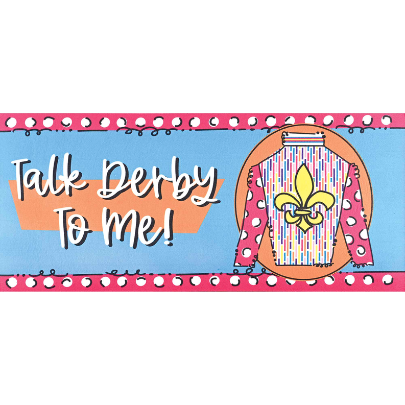 Blue and pink doormat insert with 'Talk Derby To Me' and jockey hat graphic