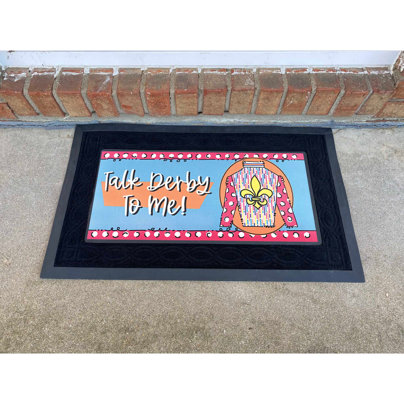 Blue doormat insert with 'Talk Derby To Me' text and pink jockey jacket graphic
