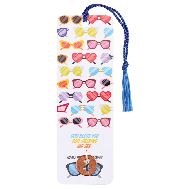 Tassel coin bookmark with glasses and bows tag, copper coin charm, blue tassel