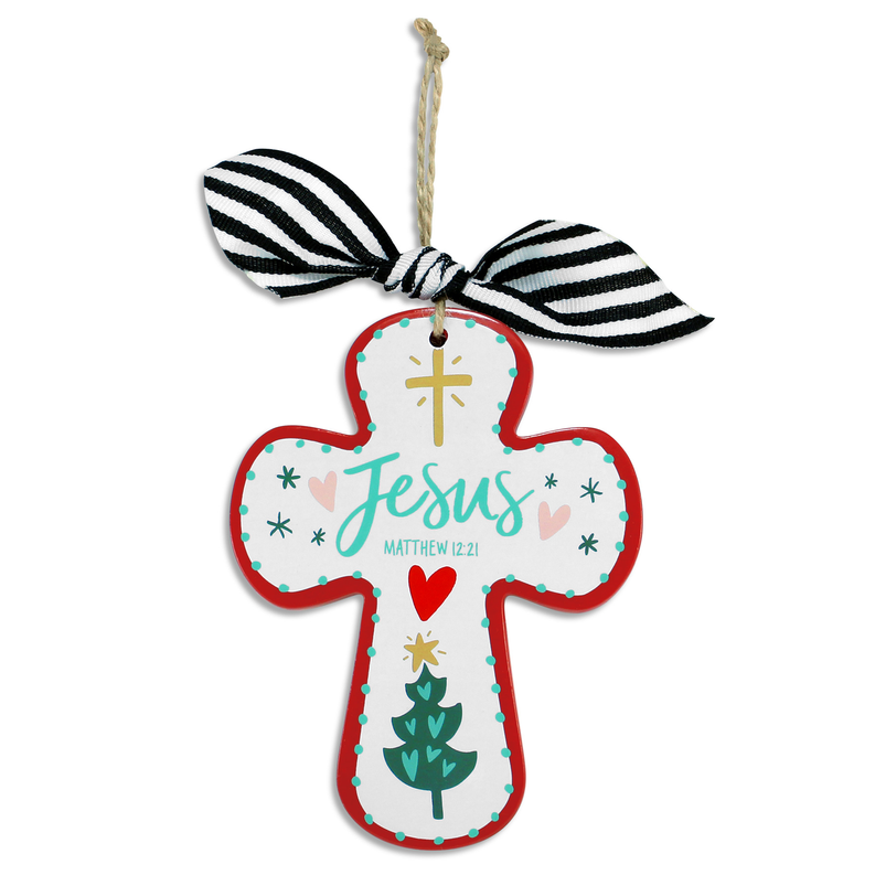 Jesus cross Christmas ornament with striped bow and hanging loop