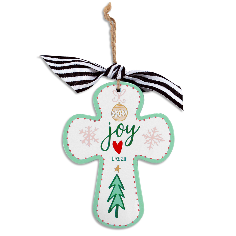 Cross-shaped Christmas ornament with striped bow and mint green joy design