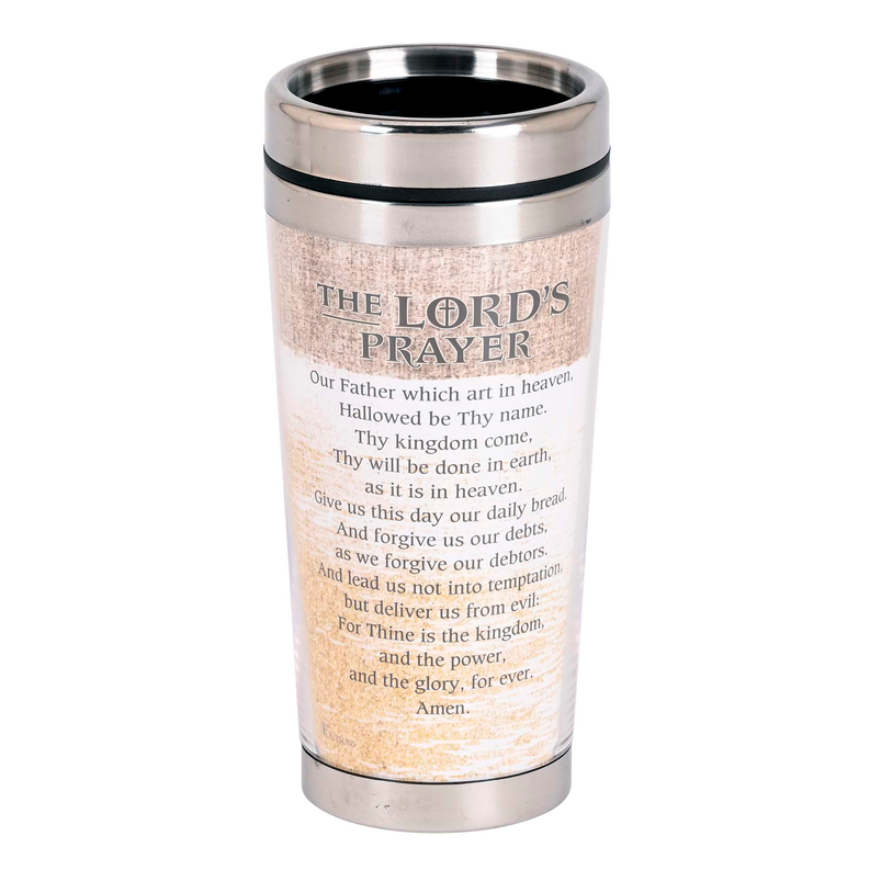 Tan 16 oz travel mug with stainless lid, The Lord's Prayer KJV text (front)