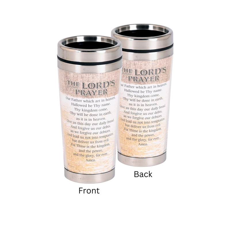 Set of 2 tan 16 oz travel mugs with stainless lids, The Lord's Prayer KJV (front/back)