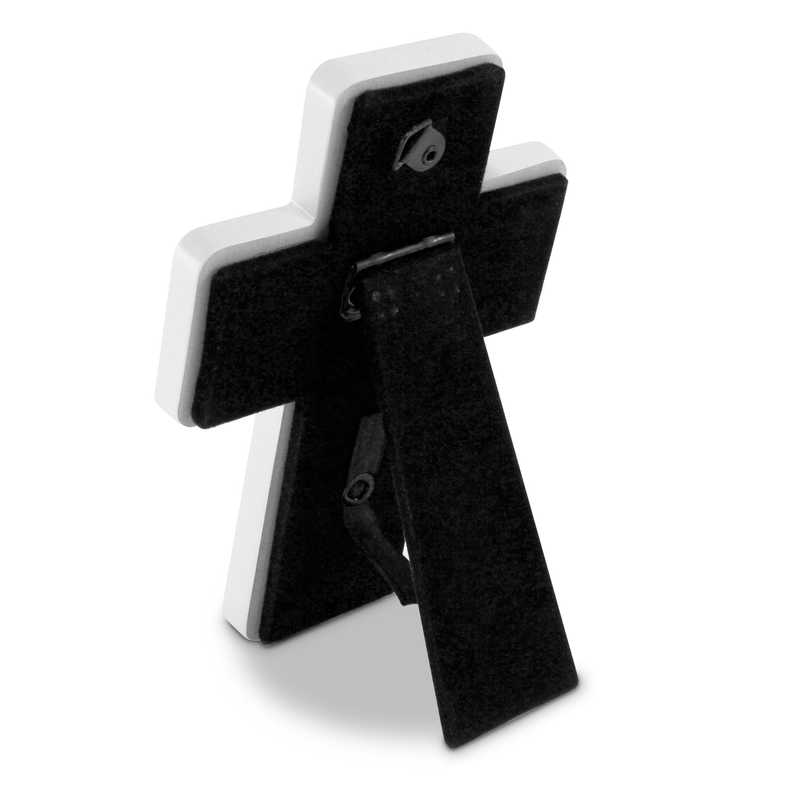 Tabletop cross ornament, black fabric front with light gray border and hanging loop