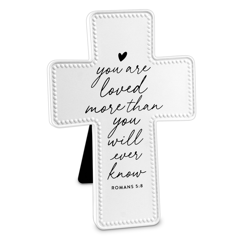 Tabletop cross ornament in white with black scripture text and heart, Romans 5:8