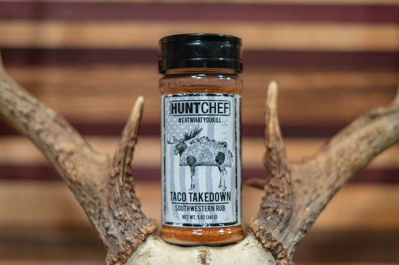 HuntChef Taco Takedown spice blend bottle with black cap, front label with boar graphic.