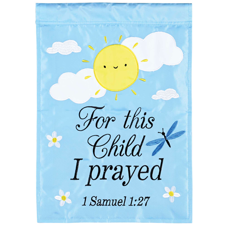 Blue children's garden flag with sun, clouds, dragonfly, and verse text