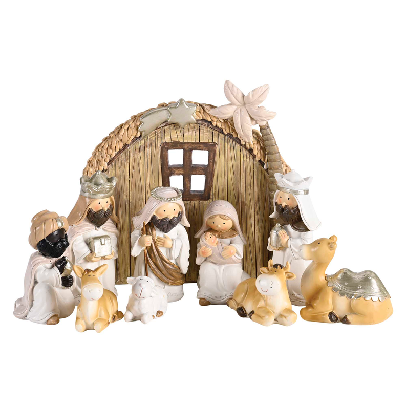 Nativity animal star figurine set beside wooden stable with multiple characters and animals