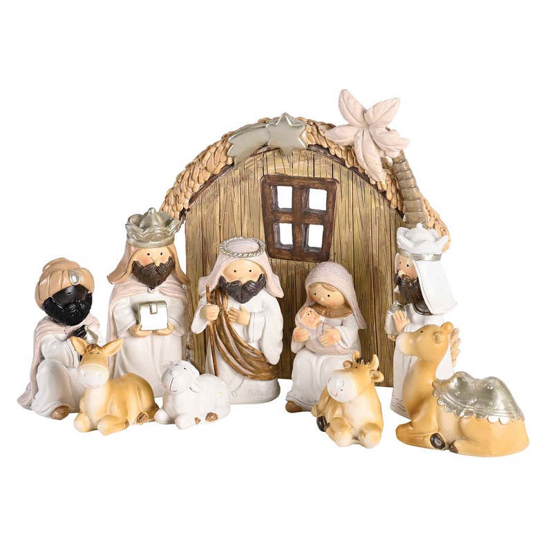 Nativity figurine set: wooden stable facade with wise men, animals, and star topper